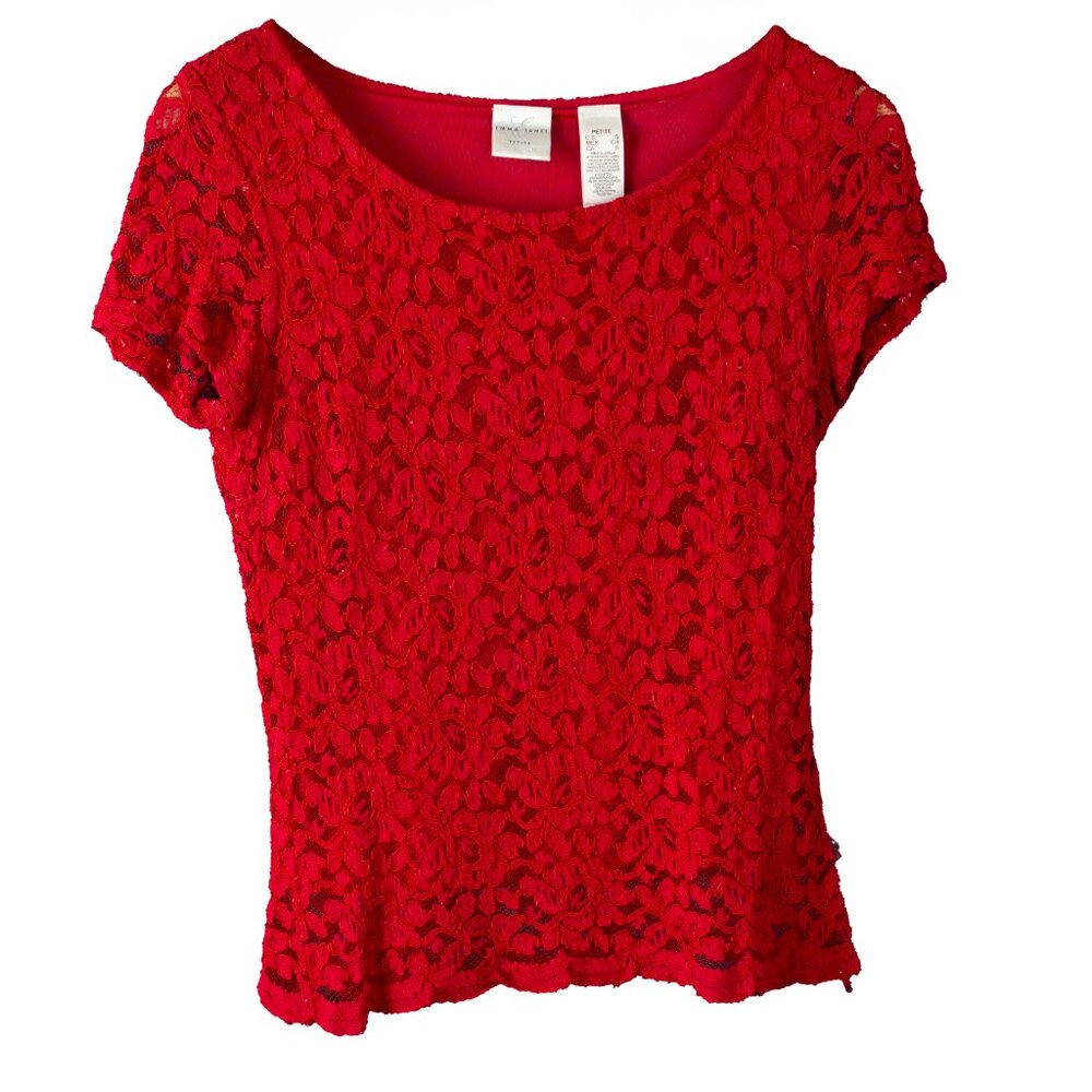 Short Sleeve Lace Blouse Red Size Small